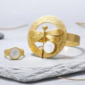 Boho Chic Dragonfly Pearl Jewelry Set 18K Gold Plated Brass Handmade Istanbul